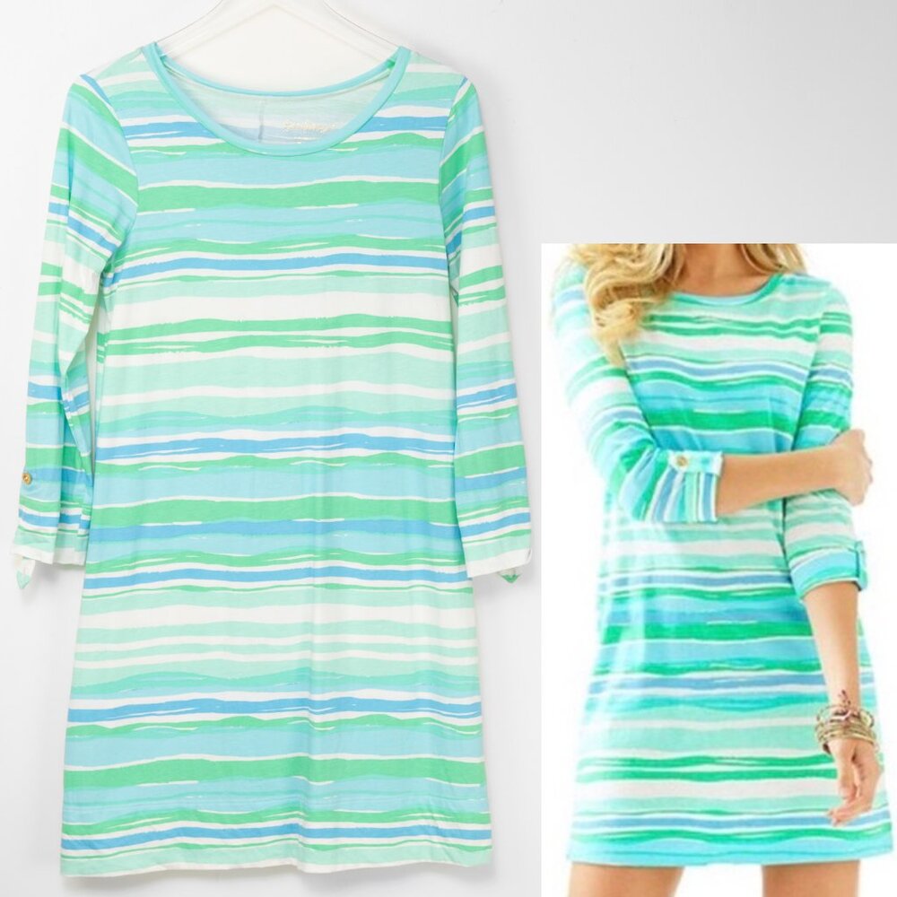 Lilly Pulitzer Linden T-Shirt Dress A-Line Sea Stripe Seaspray Blue Size Medium